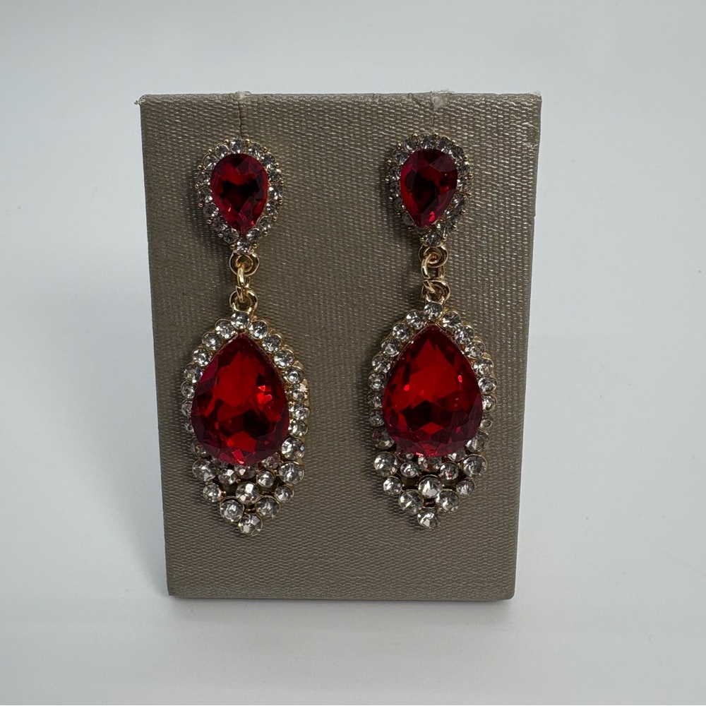 Red And Clear Crystal Dangle Drop Rhinestone Teardrop Earrings